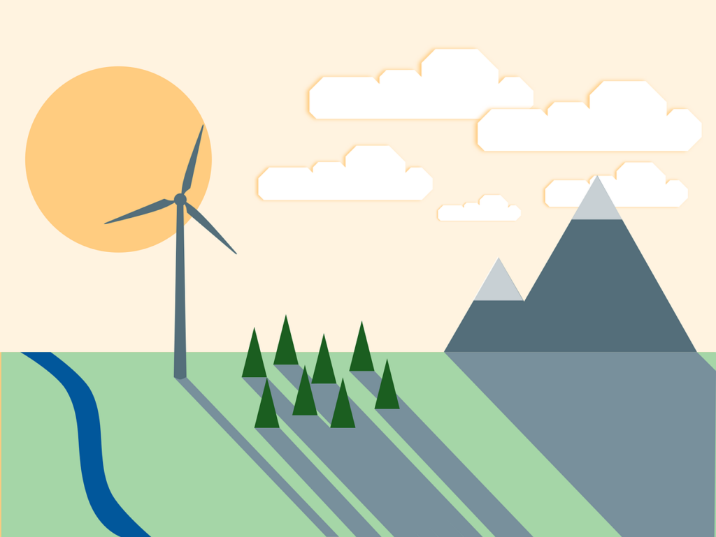 En grafisk bild på berg, träd, ett vindkraftverk för att producera energi och en sol. 