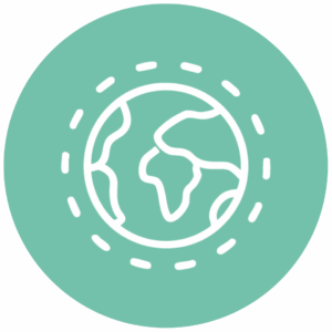 Vit ikon föreställande en jordglöb framför en grön bakgrund.