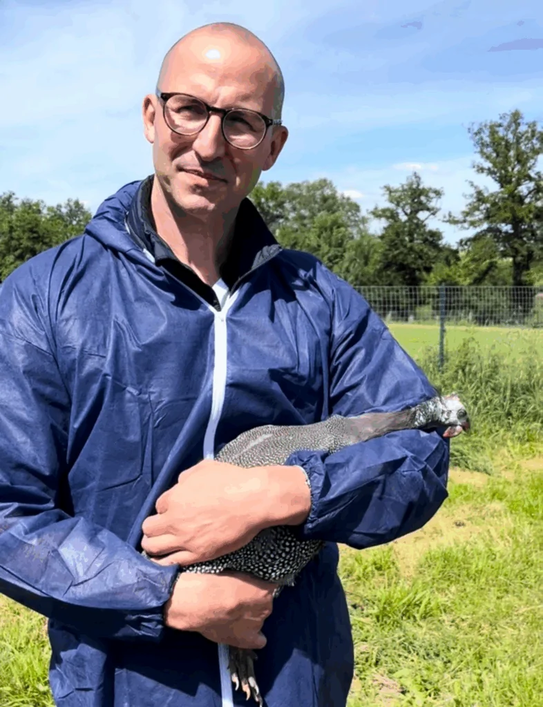 Eric Bouchet, CEO of Tradifood, stands in a meadow with a hen in a pen.