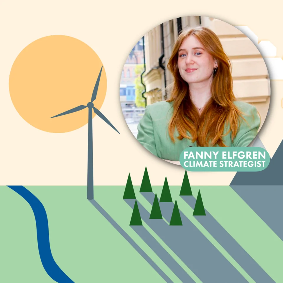 Fanny Eflgren, en kvinna framför en bild på en sol, vinkraftverk och skog.